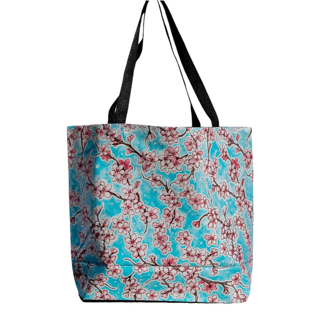 Aqua Fuji Japanese Dogwood Oilcloth Large Market Tote - Marmalade Mercantile