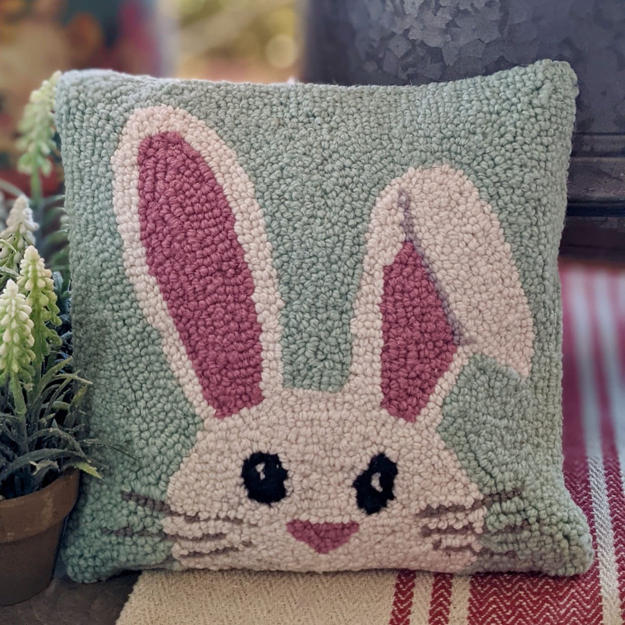 Charming Easter Bunny Hooked Rug Accent Pillow - Marmalade Mercantile