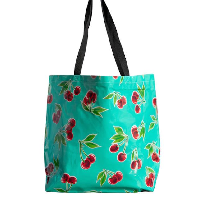 Cherries on Aqua Oilcloth Large Market Tote - Marmalade Mercantile