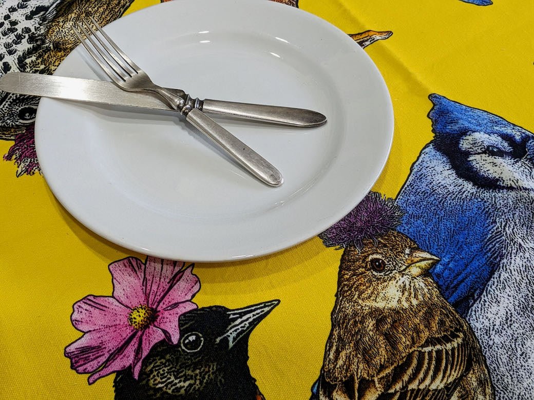 Cotton Table Runner Backyard Birds in Flower Hats - Marmalade Mercantile