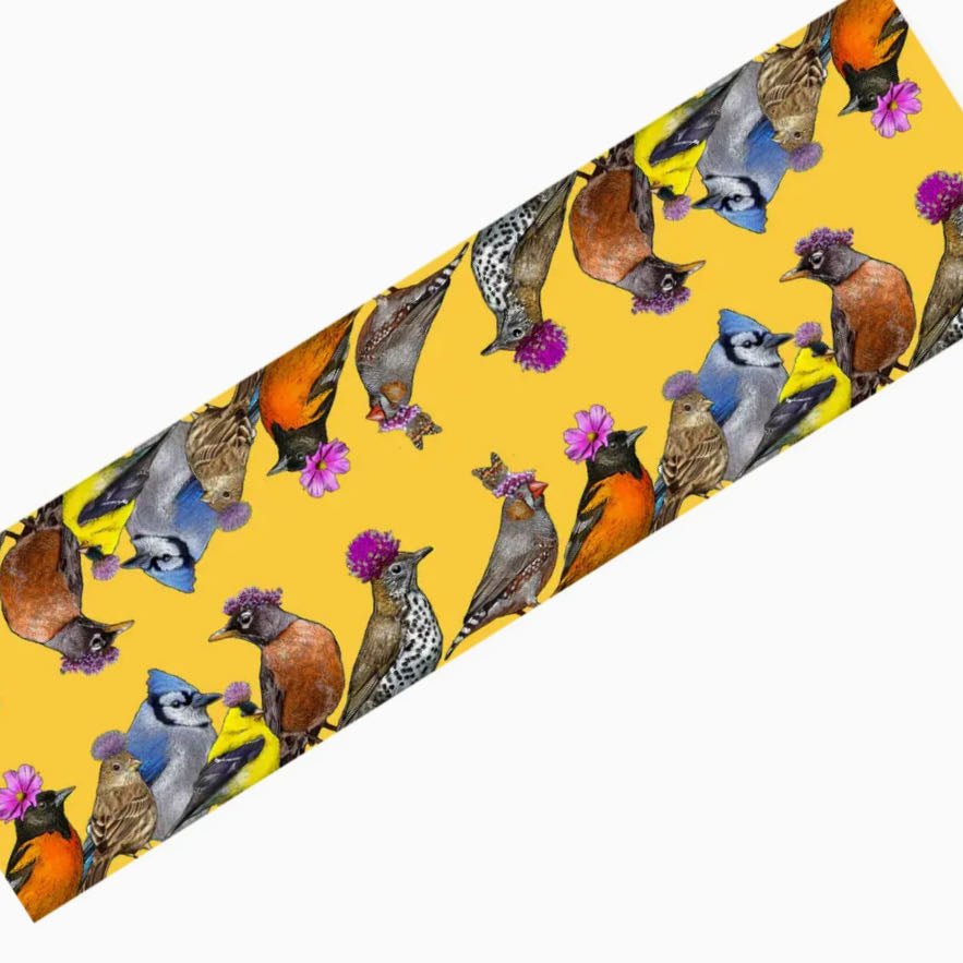 Cotton Table Runner Backyard Birds in Flower Hats - Marmalade Mercantile