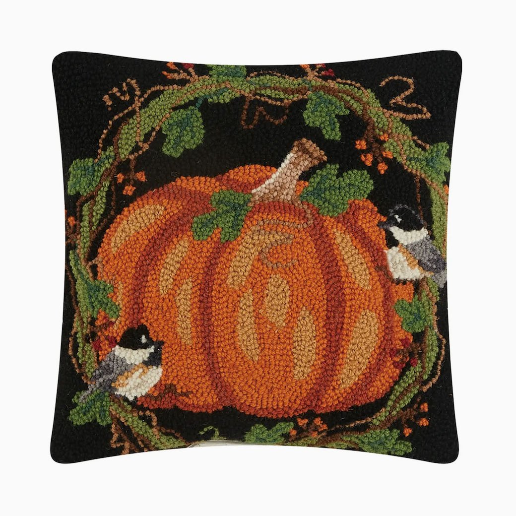 Fall Hooked Rug Pillow Chickadees, Pumpkin & Bittersweet - Marmalade Mercantile