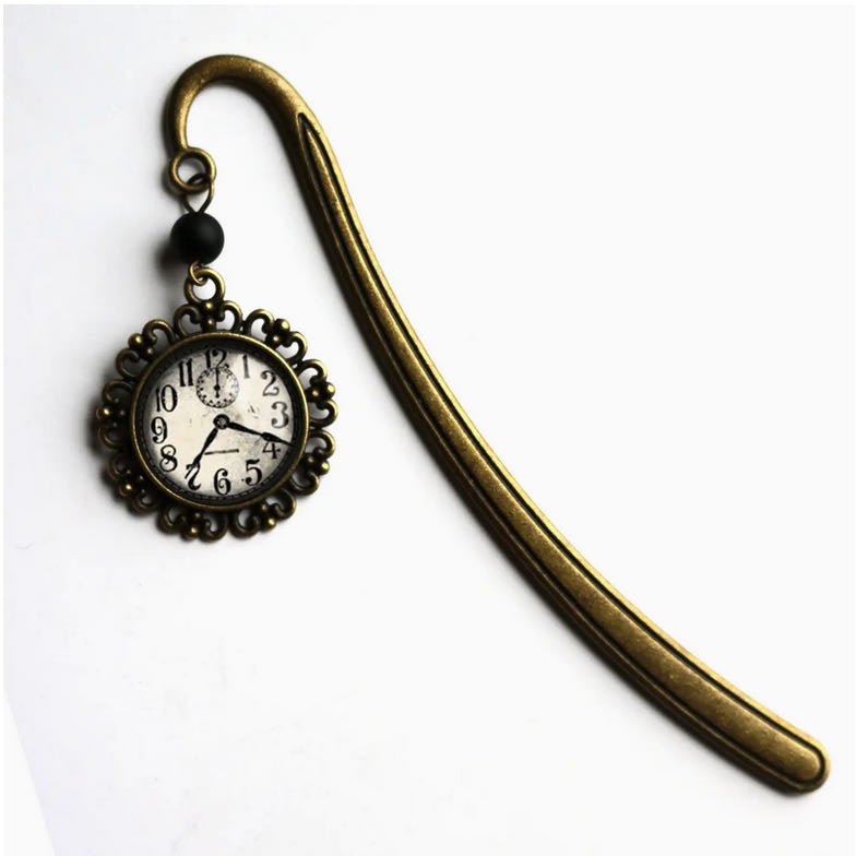 Handmade Brass Book Hook Bookmark with Dangling Edwardian Steampunk Clock Cabochon - Marmalade Mercantile