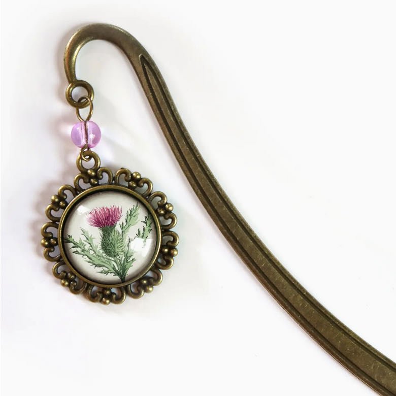 Handmade Brass Book Hook Bookmark with Dangling Scottish Thistle Cabochon - Marmalade Mercantile