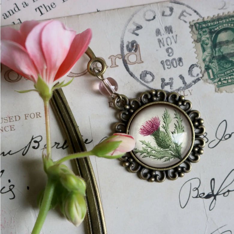 Handmade Brass Book Hook Bookmark with Dangling Scottish Thistle Cabochon - Marmalade Mercantile