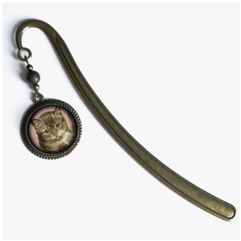 Handmade Brass Book Hook Bookmark with Dangling Tabby Cat Cabochon - Marmalade Mercantile