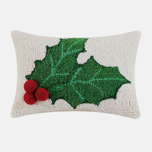 Petite Hooked Rug Christmas Pillow Holly with Red Berry Pom Poms - Marmalade Mercantile
