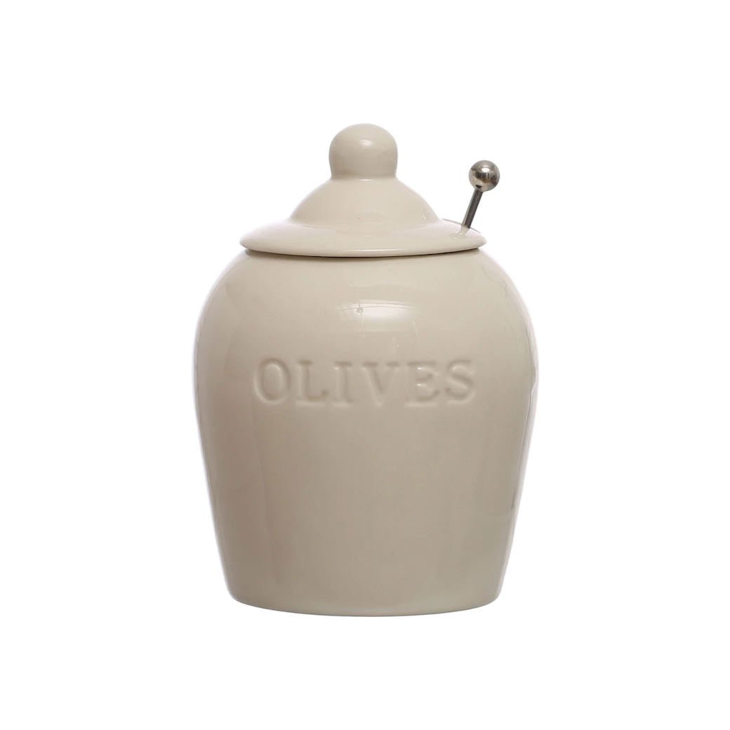 Petite Stoneware Olive Jar w Slotted Spoon - Marmalade Mercantile