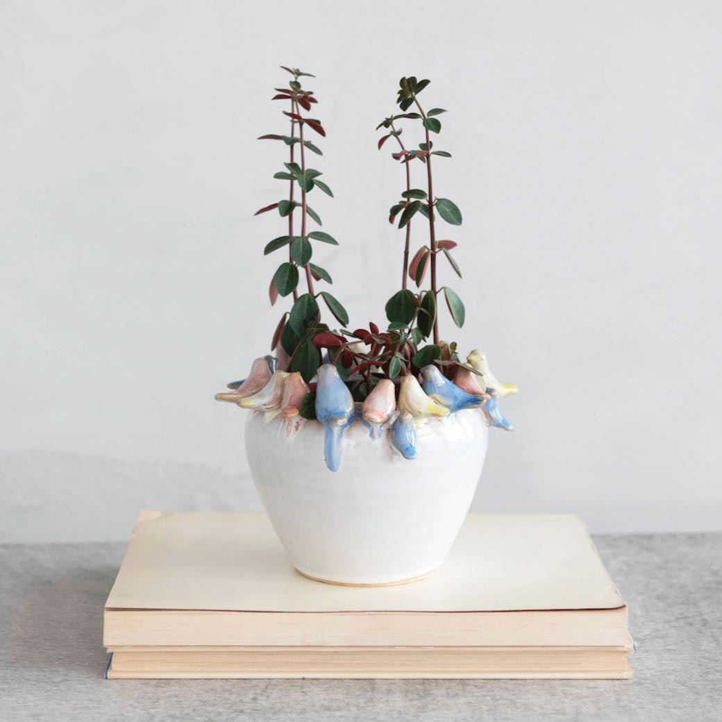 Rustic Stoneware Planter with Birds - Marmalade Mercantile