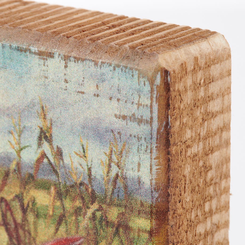 Rustic Wooden Block Sign Vintage Red Tractor in Corn Field with Pumpkins - Marmalade Mercantile