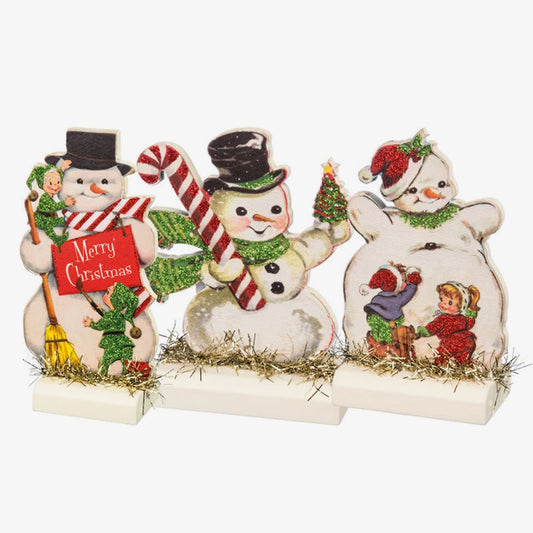 Set of 3 Vintage-Style Christmas Wooden Stand-Up Figures Retro Snowman w Tinsel & Glitter - Marmalade Mercantile