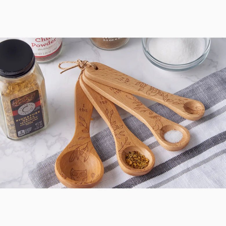 Set of Four Beechwood Measuring Spoons with Laser-Etched Bird Designs - Marmalade Mercantile