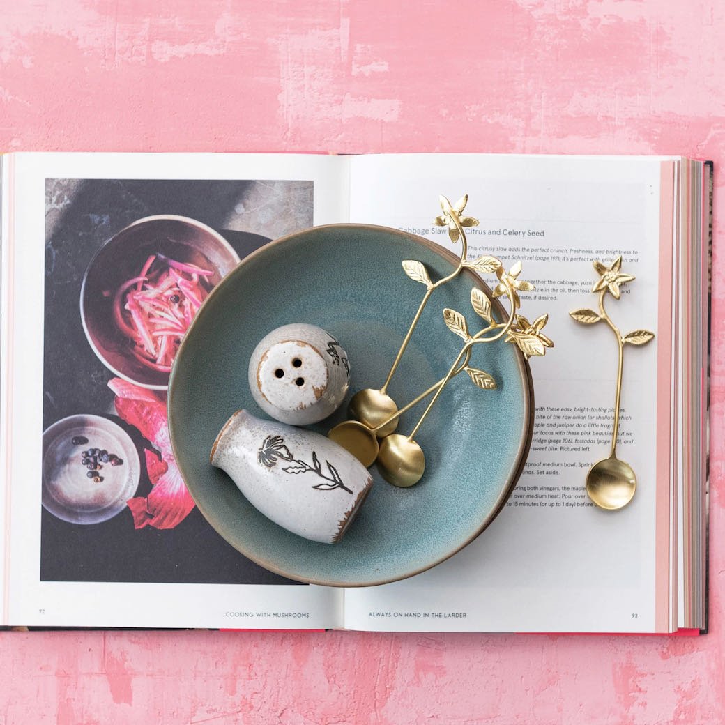 Set of Four Stainless Steel Brass Finish Flower Condiment Spoons in Drawstring Bag - Marmalade Mercantile