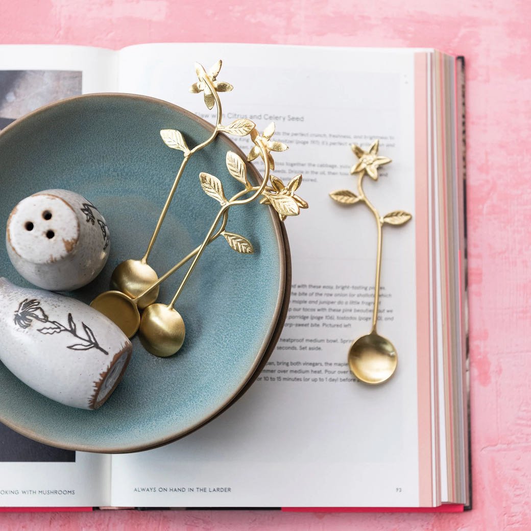 Set of Four Stainless Steel Brass Finish Flower Condiment Spoons in Drawstring Bag - Marmalade Mercantile