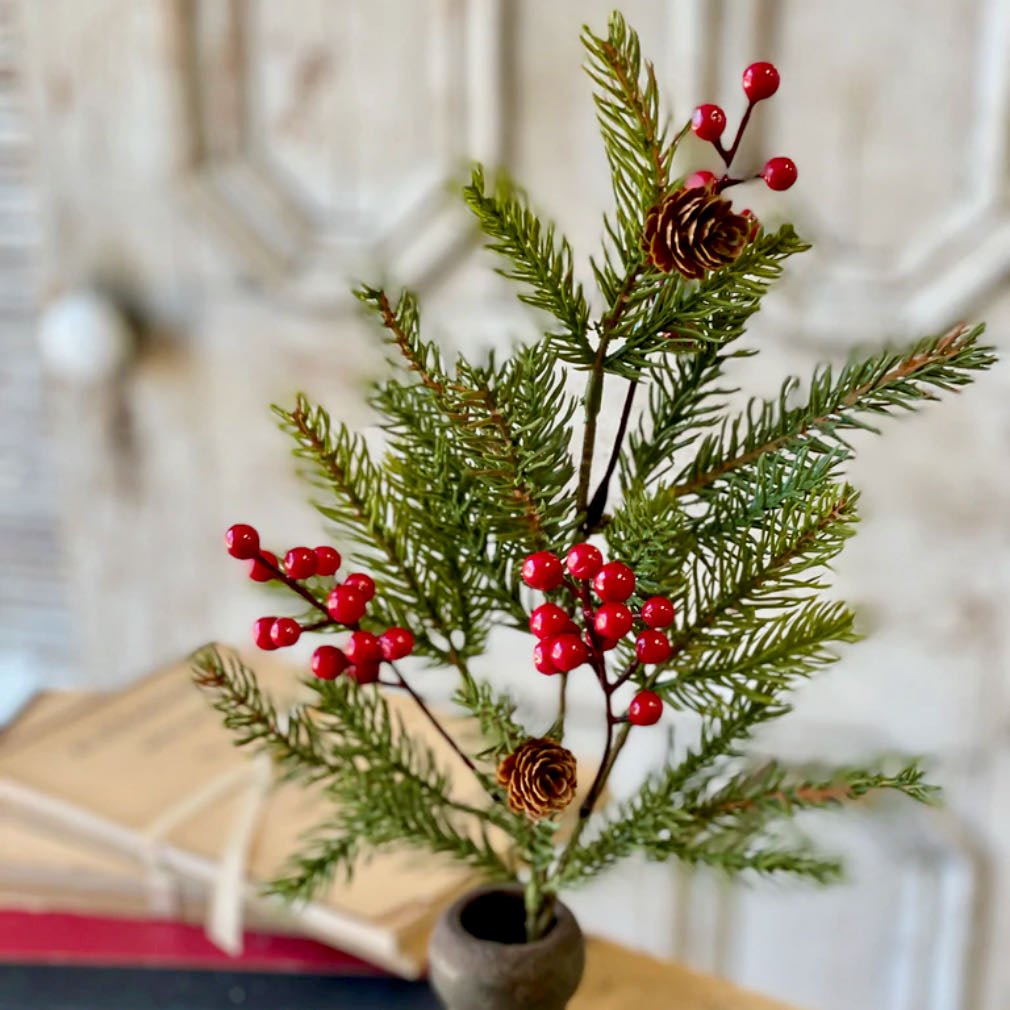 Set of Three 16" Faux Spruce Picks with Red Berries - Marmalade Mercantile