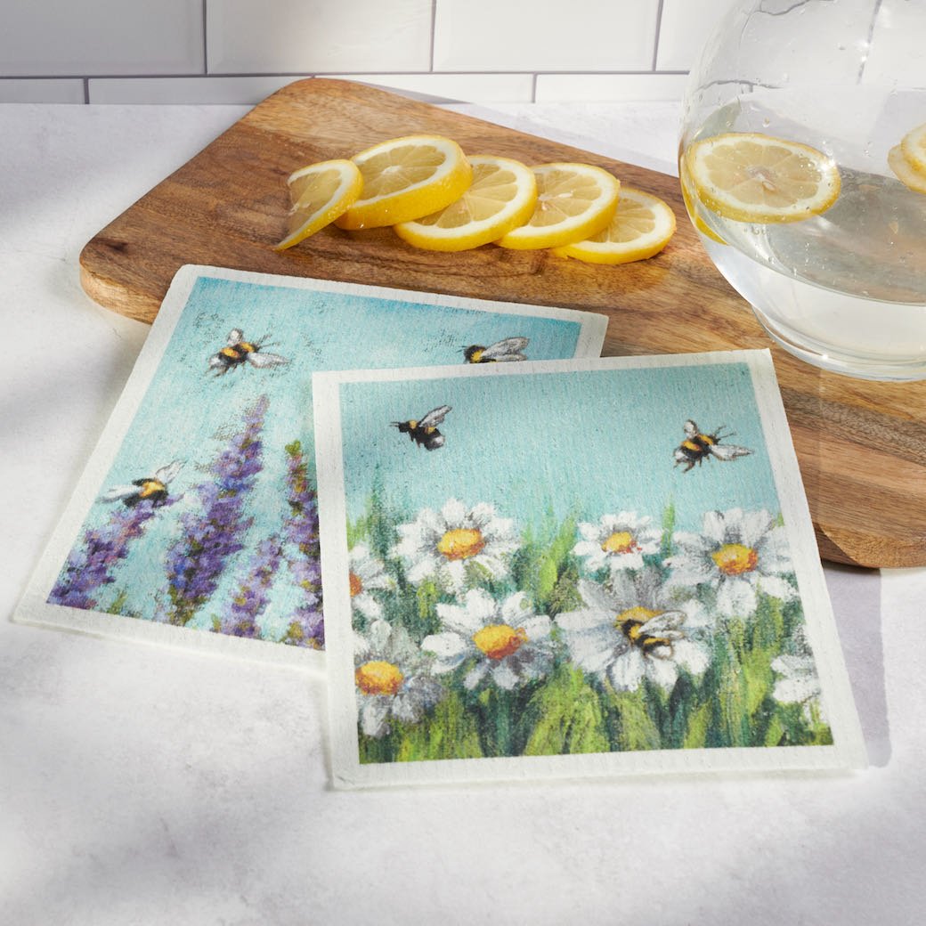 Set of Two Swedish Dishcloths Lavender & Daisies with Bees - Marmalade Mercantile