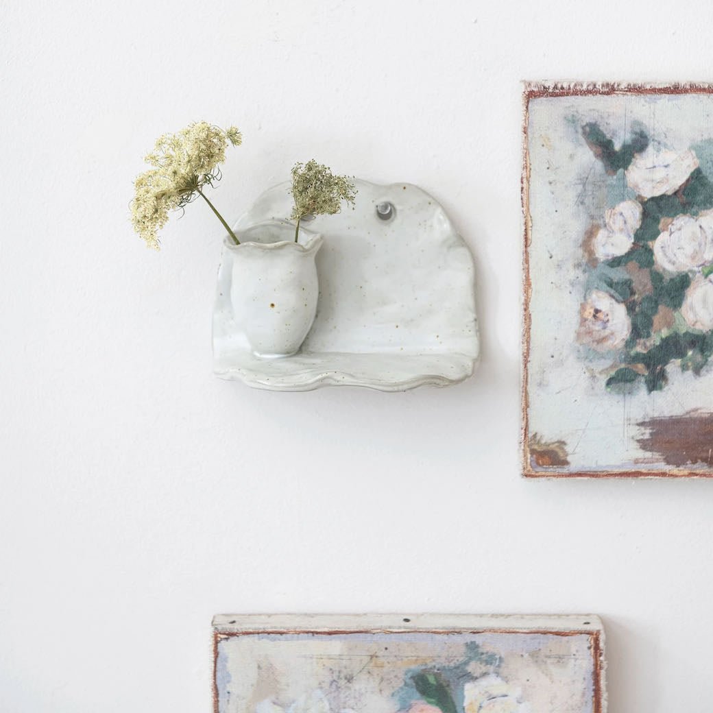 Small Stoneware Wall Shelf with Attached Mini Flower Vase - Marmalade Mercantile