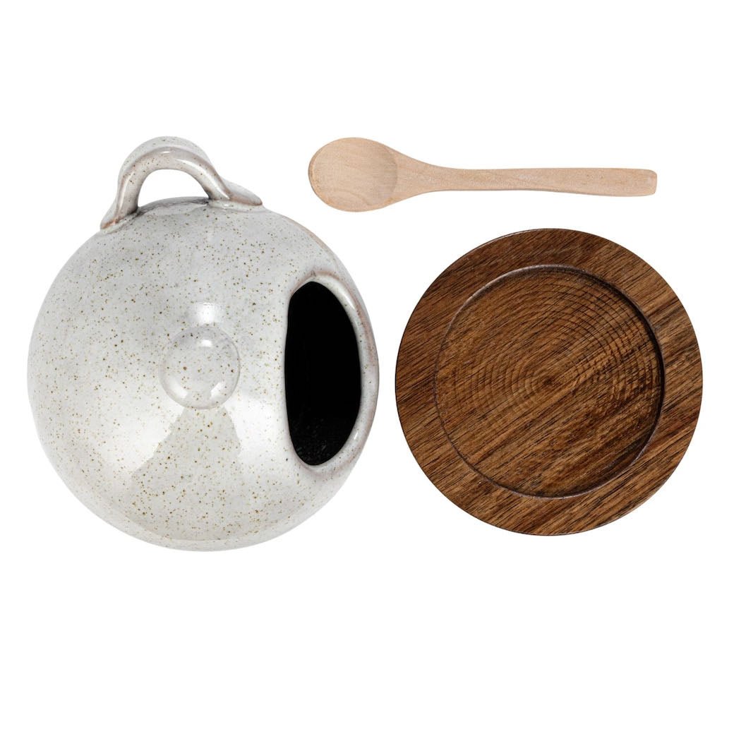 Stoneware Salt Jar with Wood Base & Spoon - Marmalade Mercantile