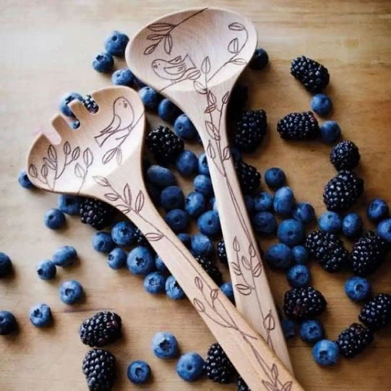 Two-Piece Wooden Salad Set with Bird Pattern - Marmalade Mercantile