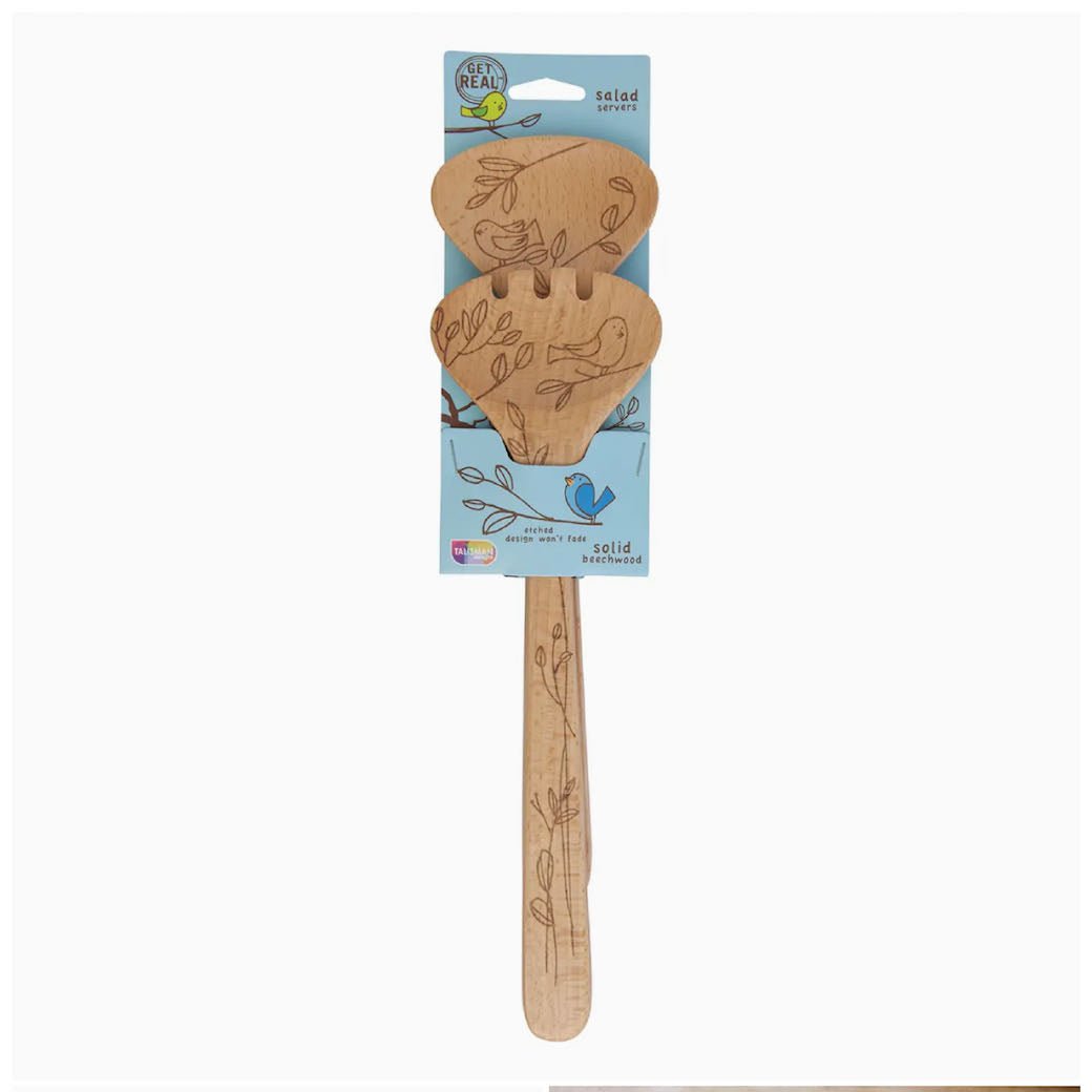 Two-Piece Wooden Salad Set with Bird Pattern - Marmalade Mercantile