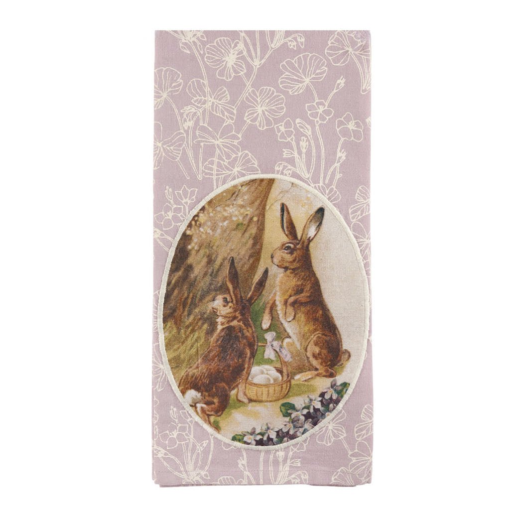 Vintage Style Brown Bunnies w Violets & Easter Eggs Appliquéd Kitchen Towel - Marmalade Mercantile