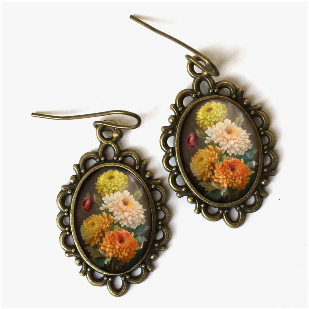 Vintage-Style Cottage Core Chrysanthemum Earrings for Pierced Ears - Marmalade Mercantile