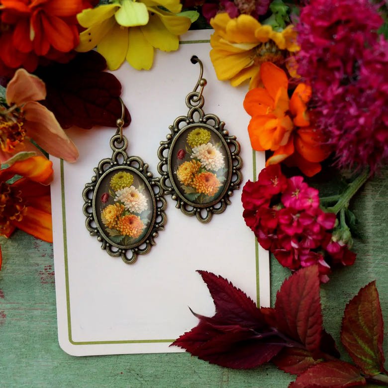 Vintage-Style Cottage Core Chrysanthemum Earrings for Pierced Ears - Marmalade Mercantile