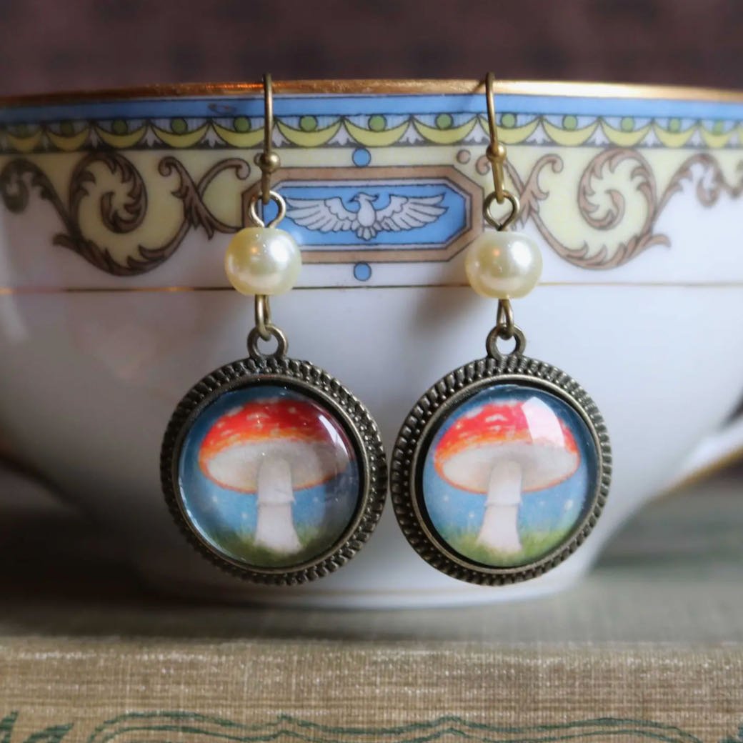 Vintage-Style Cottage Core Moonlit Mushroom Earrings Pierced Ears - Marmalade Mercantile