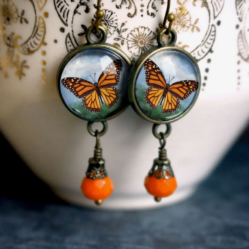 Vintage-Style Hand-Made Cottage Core Monarch Butterfly Pierced Earrings with Pink Bead - Marmalade Mercantile