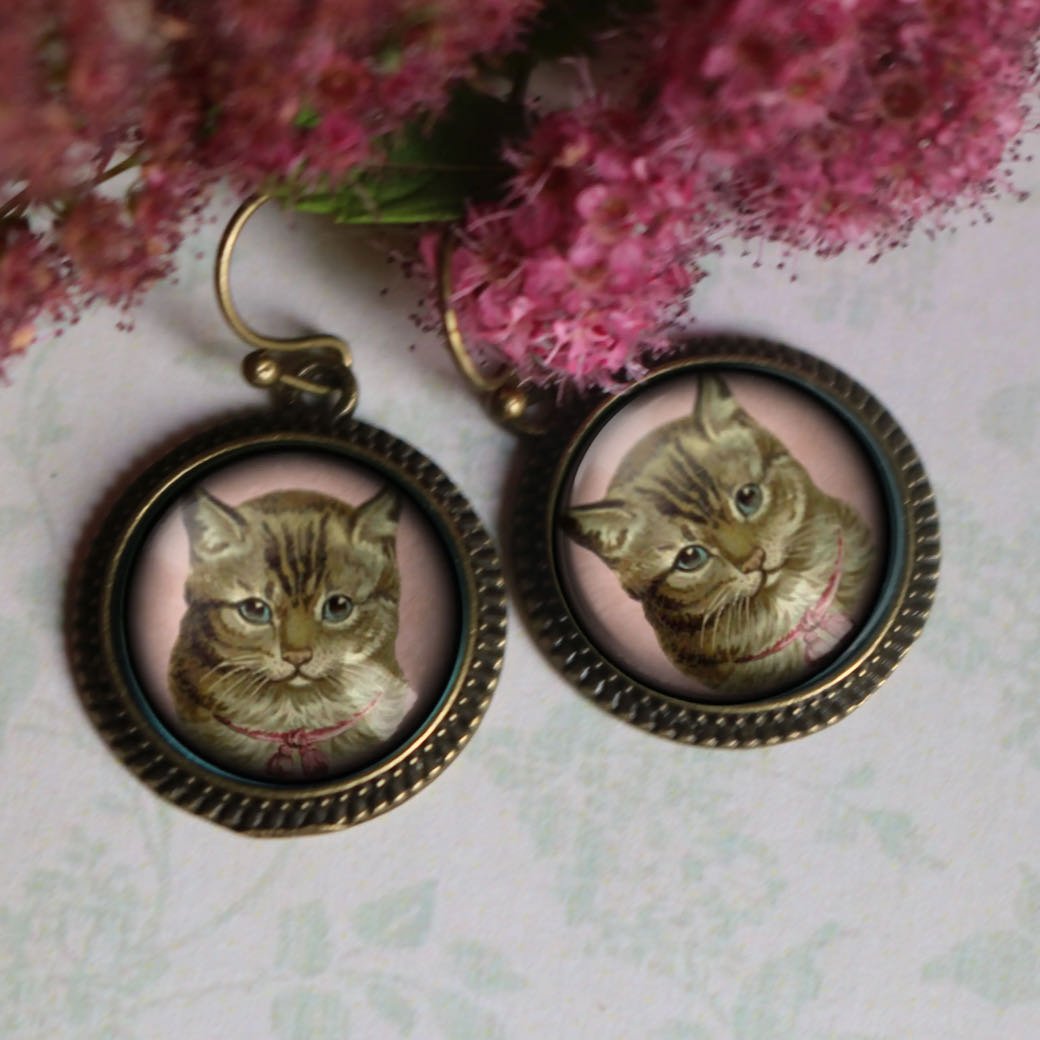 Vintage-Style Hand-Made Cottage Core Victorian Tabby Cat Pierced Earrings - Marmalade Mercantile