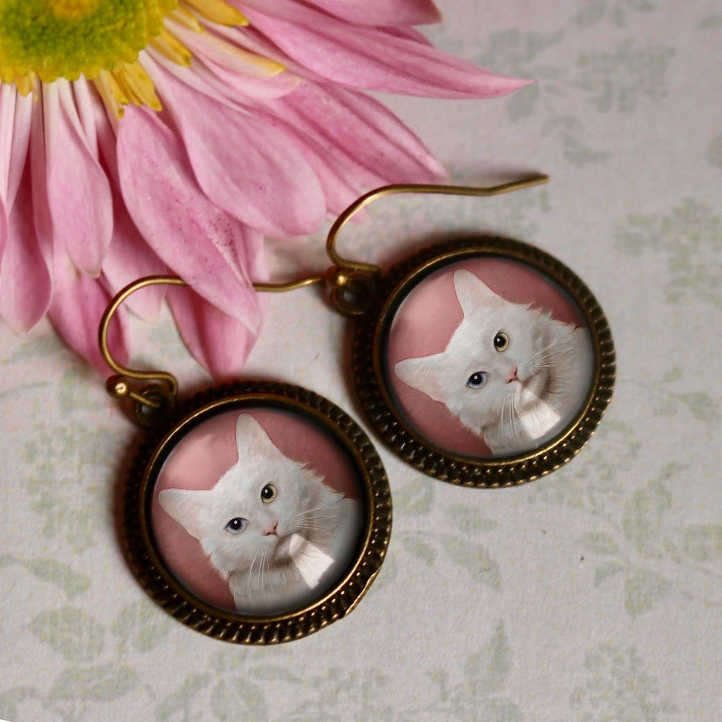 Vintage-Style Hand-made Cottage Core White Haired Cat Pierced Earrings - Marmalade Mercantile