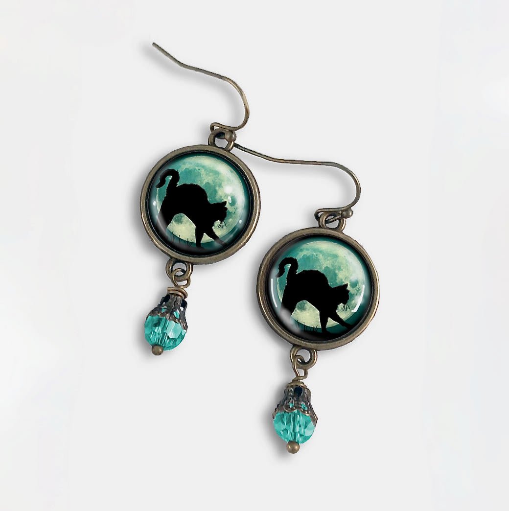 Vintage-Style Hand-made Halloween Black Cat & Blue Moon Pierced Earrings - Marmalade Mercantile