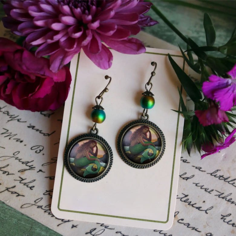 Vintage-Style Handmade Cottage Core Mermaid Earrings Pierced Ears - Marmalade Mercantile