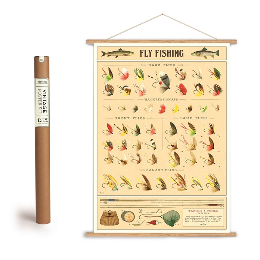 Vintage - Style Tied Fly Fishing Art Poster + Hanging Kit