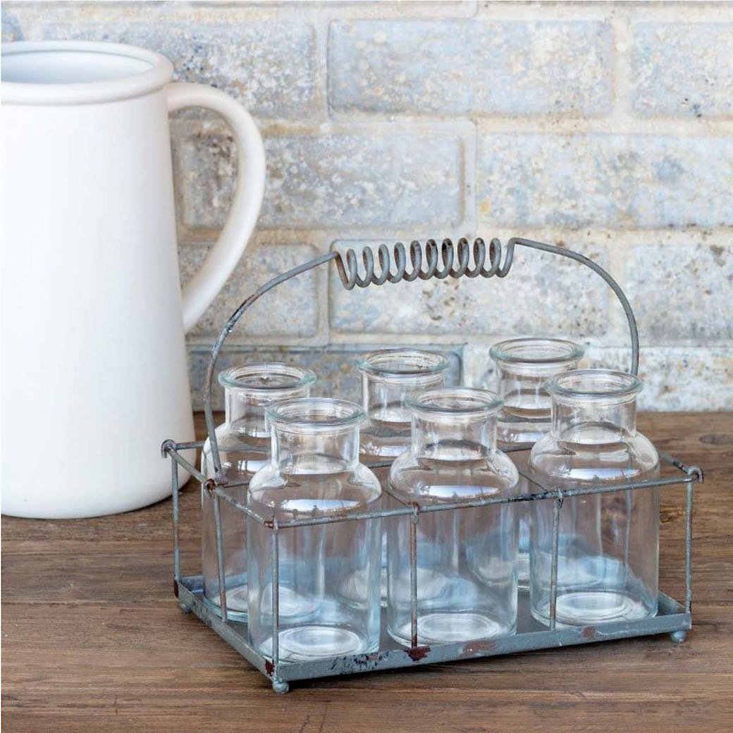 Wire Tote Caddy with Six Flower Bottle Vases - Marmalade Mercantile