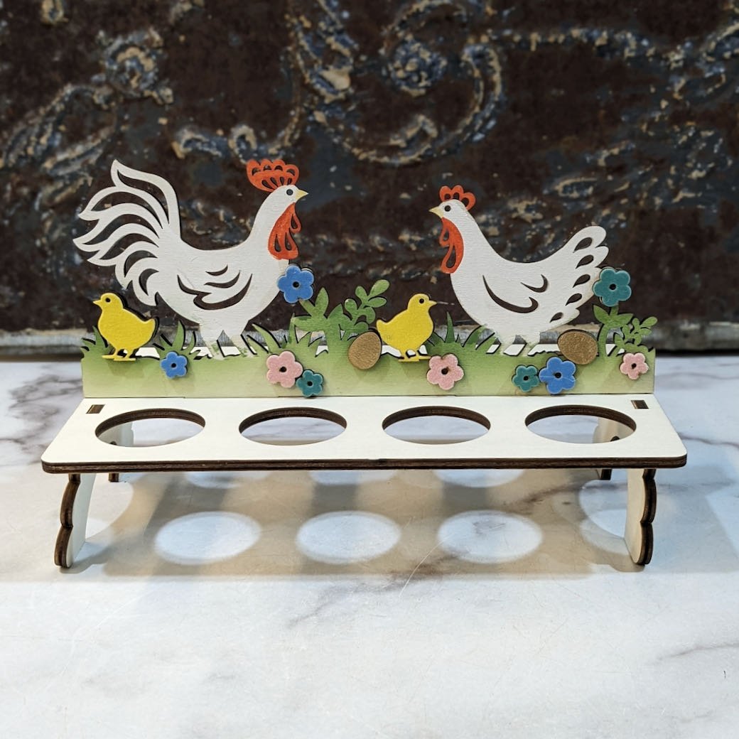 Wooden Eight-Egg Holder with Chickens - Marmalade Mercantile