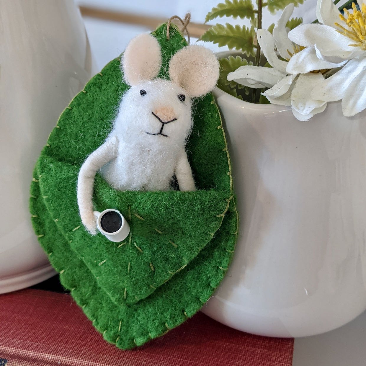 Wool Critter Mouse in Leaf Bed with Coffee Cup - Marmalade Mercantile