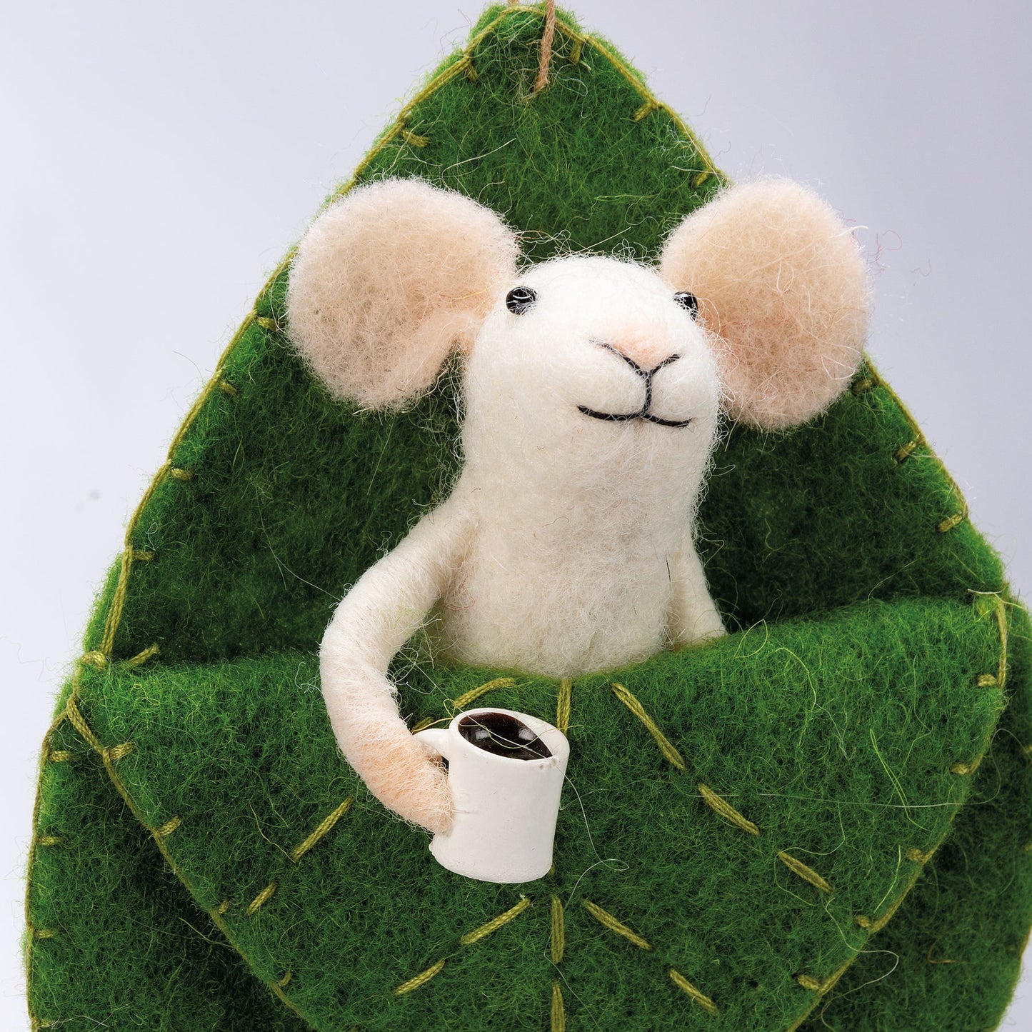 Wool Critter Mouse in Leaf Bed with Coffee Cup - Marmalade Mercantile