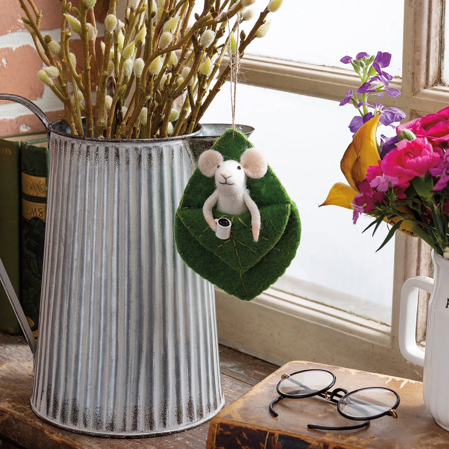 Wool Critter Mouse in Leaf Bed with Coffee Cup - Marmalade Mercantile