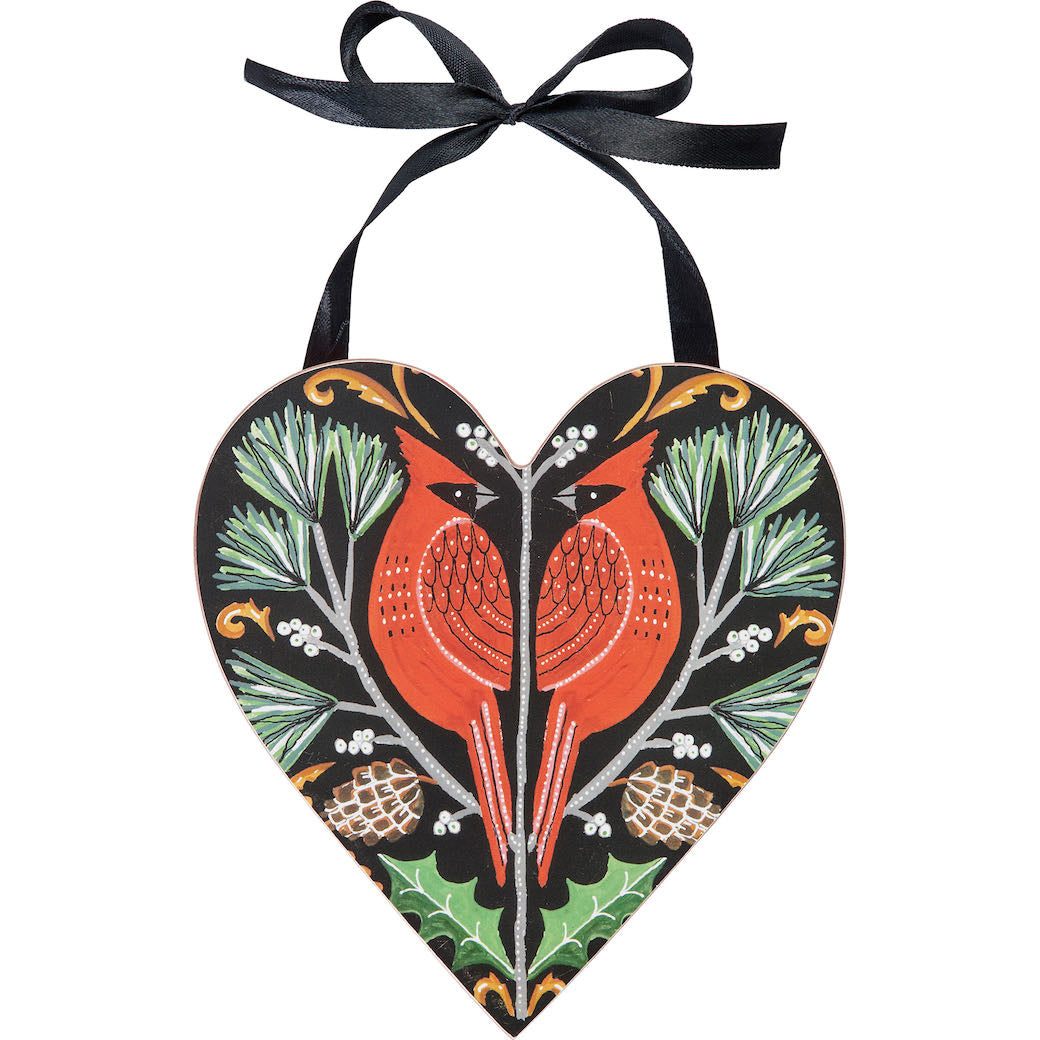 Set of Three Wooden Heart Christmas Ornaments w Cardinal