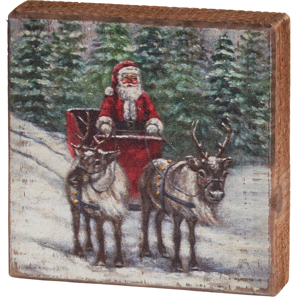 Rustic Wooden Block Sign Santa’s Sleigh w Reindeer