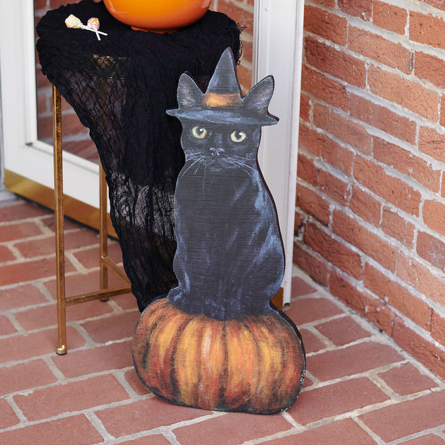Rustic Wooden Halloween Black Cat Porch Leaner