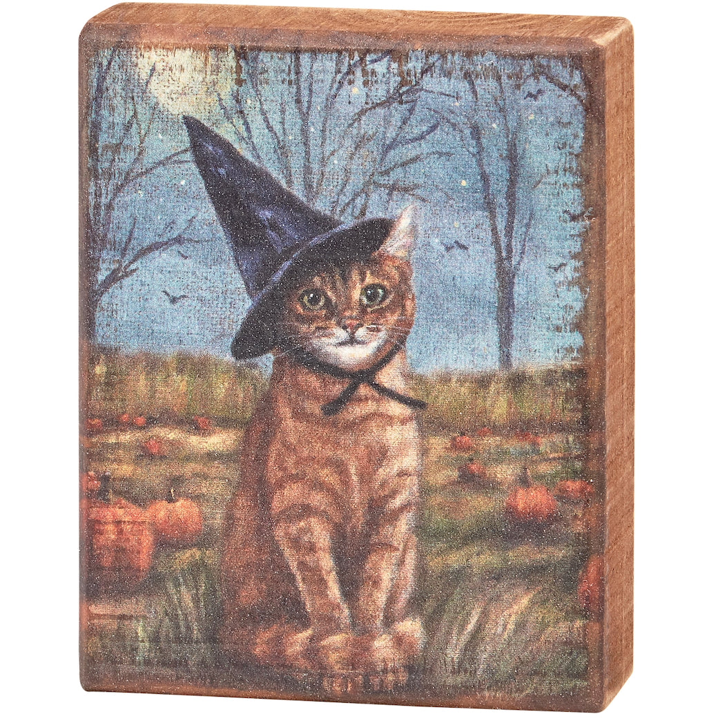 Halloween Tabby Cat Witch Rustic Wooden Block Sign