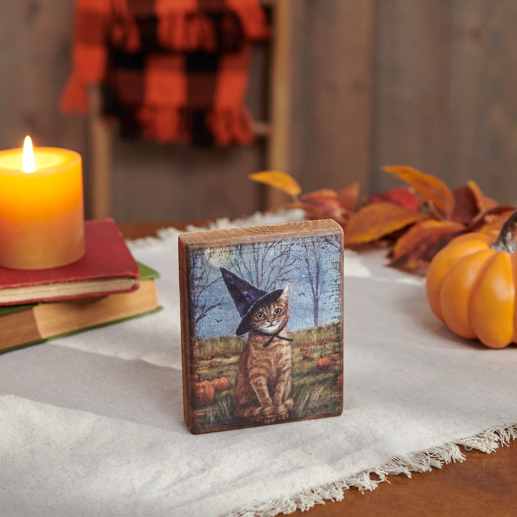 Halloween Tabby Cat Witch Rustic Wooden Block Sign