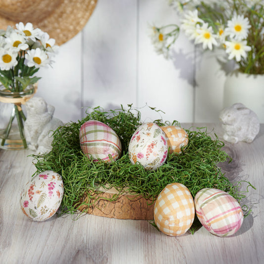 Set of Six Gingham, Plaid & Floral Paper Covered Wooden Eggs