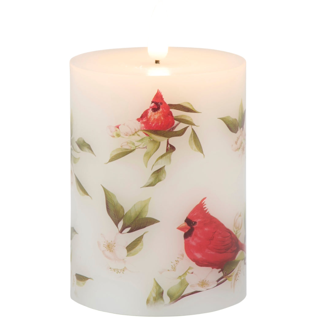 LED Battery Operated Pillar Candle w Cardinal Design
