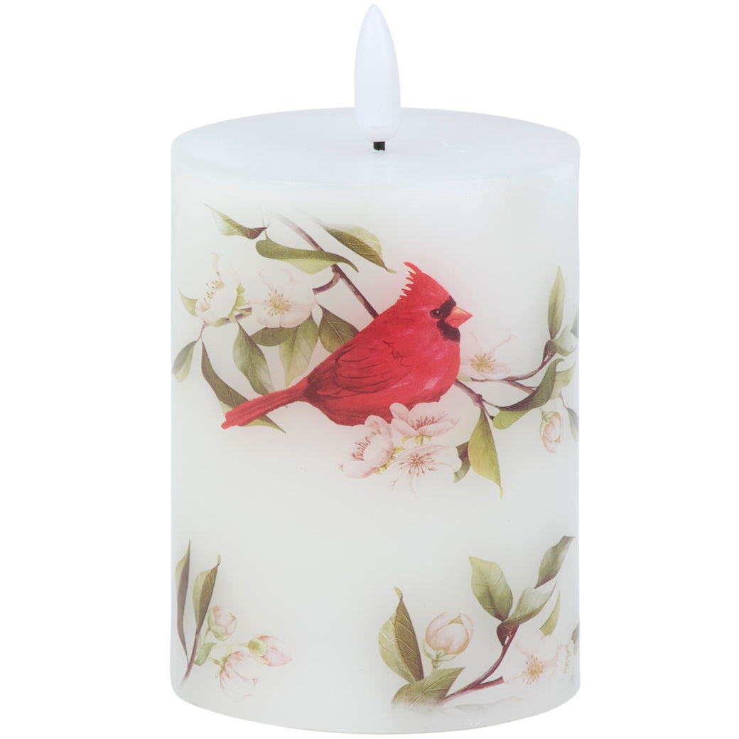 LED Battery Operated Pillar Candle w Cardinal Design