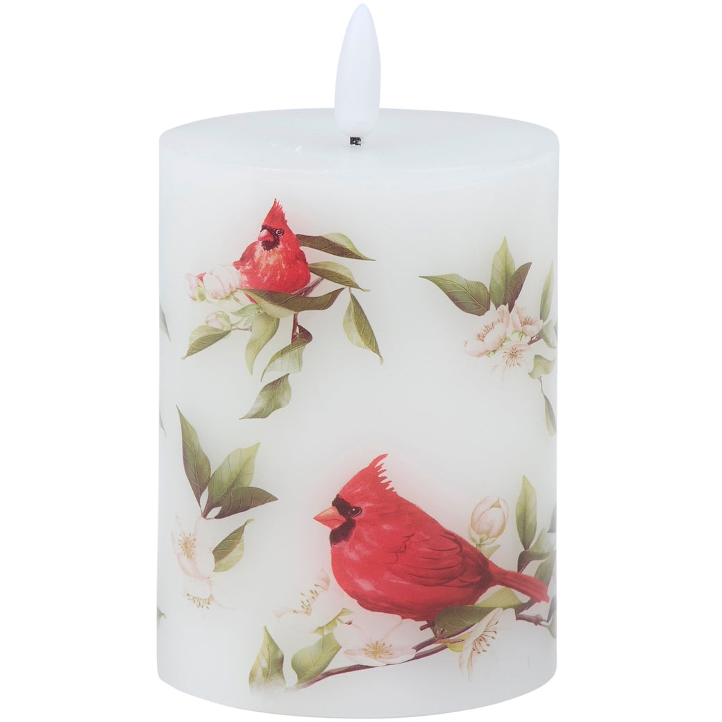 LED Battery Operated Pillar Candle w Cardinal Design
