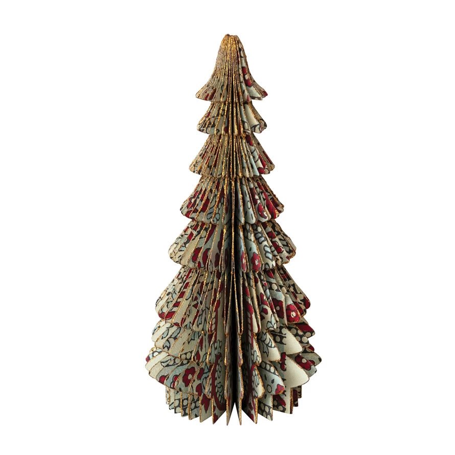 7" Tall Handmade Block-Printed Paper Tree w Vintage Style Pattern - Marmalade Mercantile
