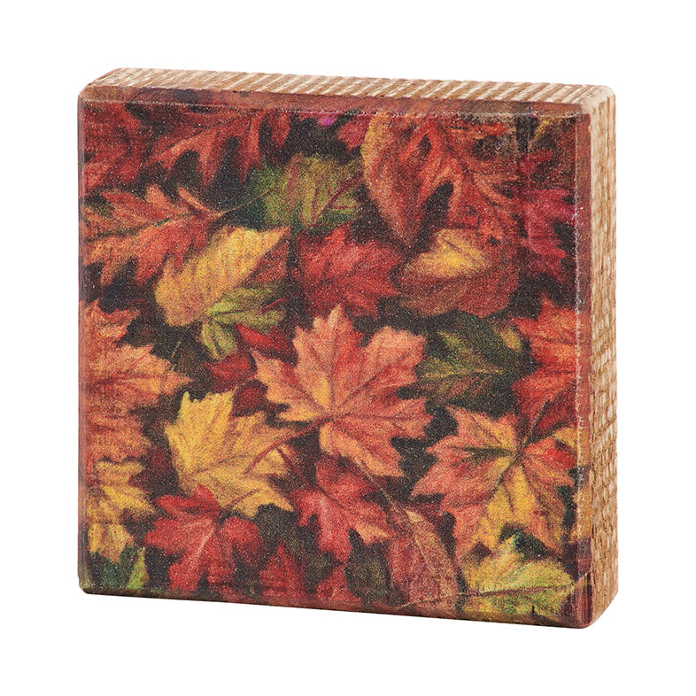 Rustic Wooden Block Sign Fall Leaves